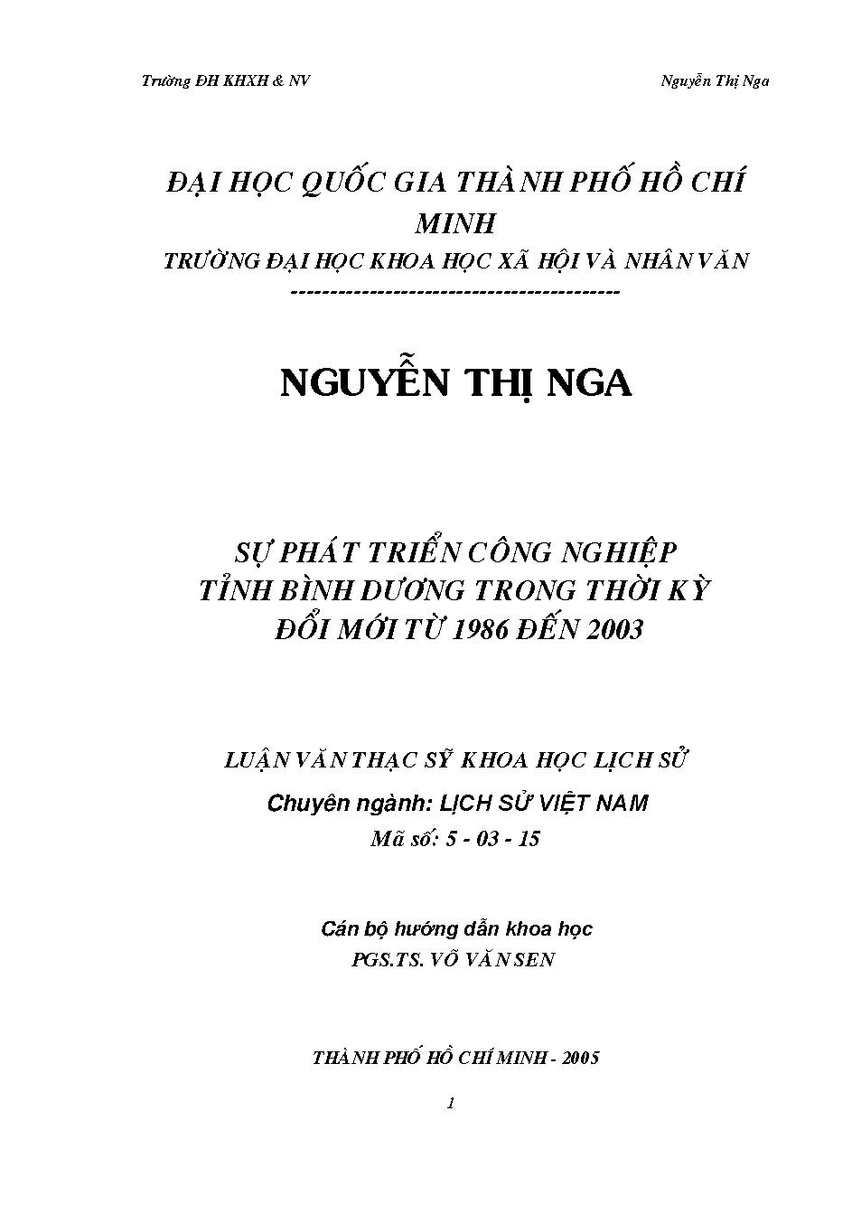 Sự phát triển công nghiệp tỉnh Bình Dương trong thời kỳ đổi mới từ 1986 đến 2003