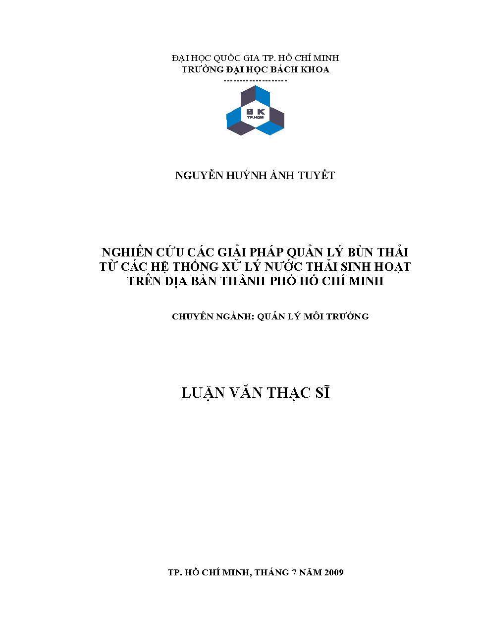 Nghiên cứu các giải pháp quản lý bùn thải từ các hệ thống xử lý nước thải sinh hoạt trên địa bàn Thành phố Hồ Chí Minh