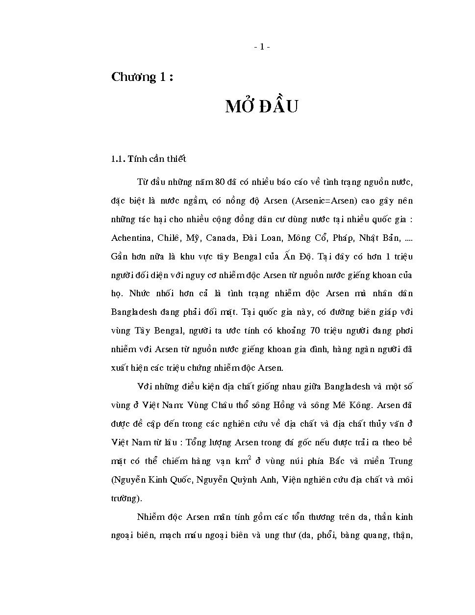 Nghiên cứu mức độ nhiễm arsen trong nước ngầm tỉnh Tiền Giang và thực nghiệm công nghệ xử lý phục vụ cấp nước sinh hoạt an toàn cho người dân