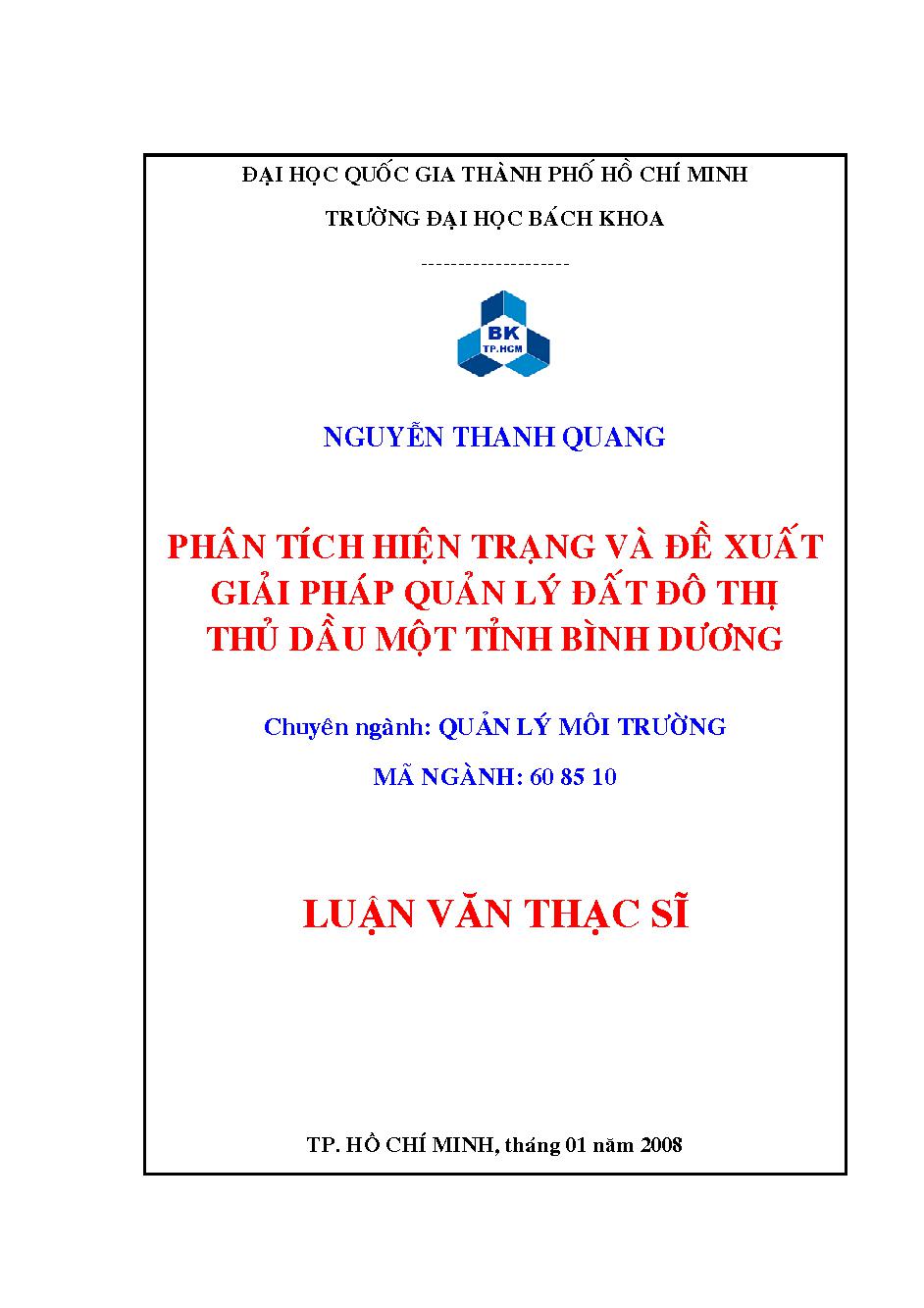 Phân tích hiện trạng và đề xuất giải pháp quản lý đất đô thị Thủ Dầu Một Tỉnh Bình Dương