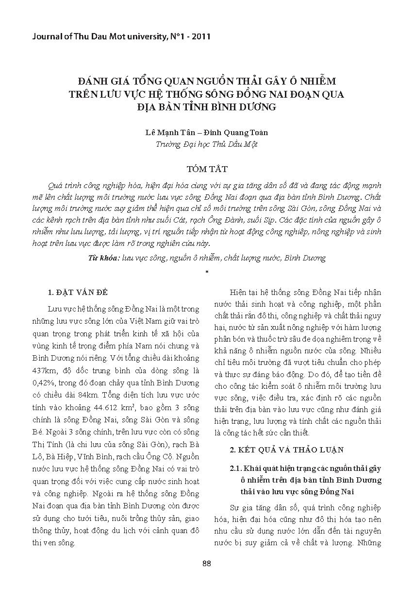 Đánh giá tổng quan nguồn thải gây ô nhiễm trên lưu vực hệ thống sông Đồng Nai đoạn qua địa bàn tỉnh Bình Dương