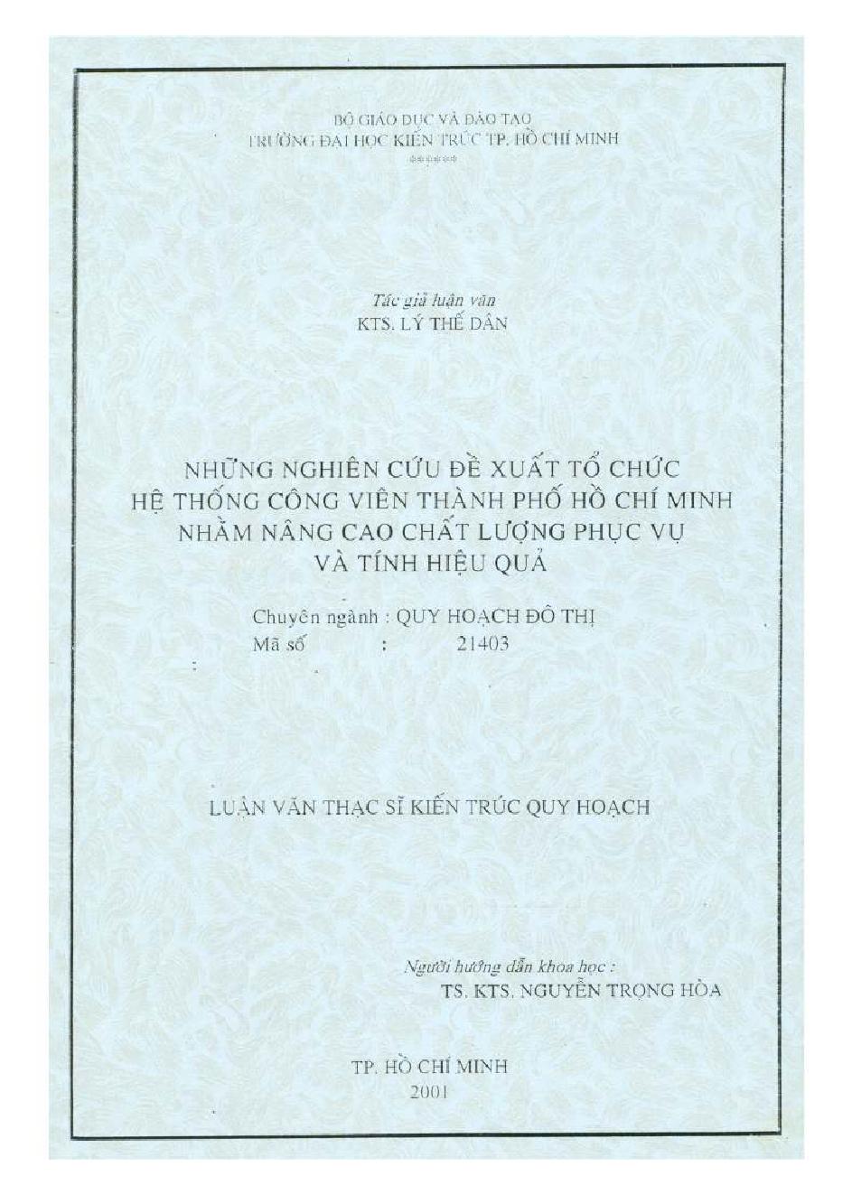 Những nghiên cứu đề xuất tổ chức hệ thống công viên thành phố Hồ Chí Minh nhằm nâng cao chất lượng phục vụ và tính hiệu quả