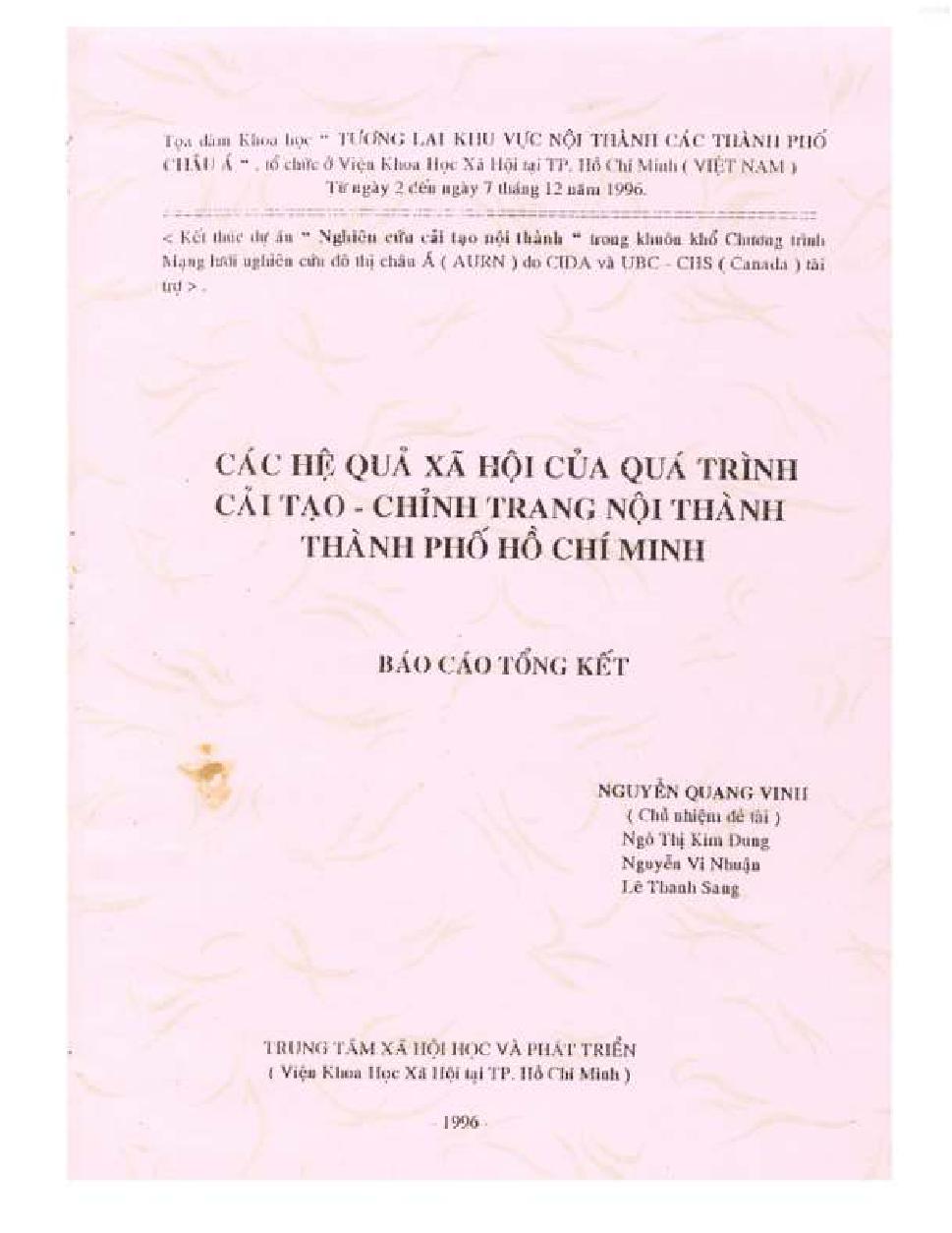 Các hệ quả xã hội của quá trình cải tạo - chỉnh trang nội thành Thành phố Hồ Chí Minh: Báo cáo tổng kết