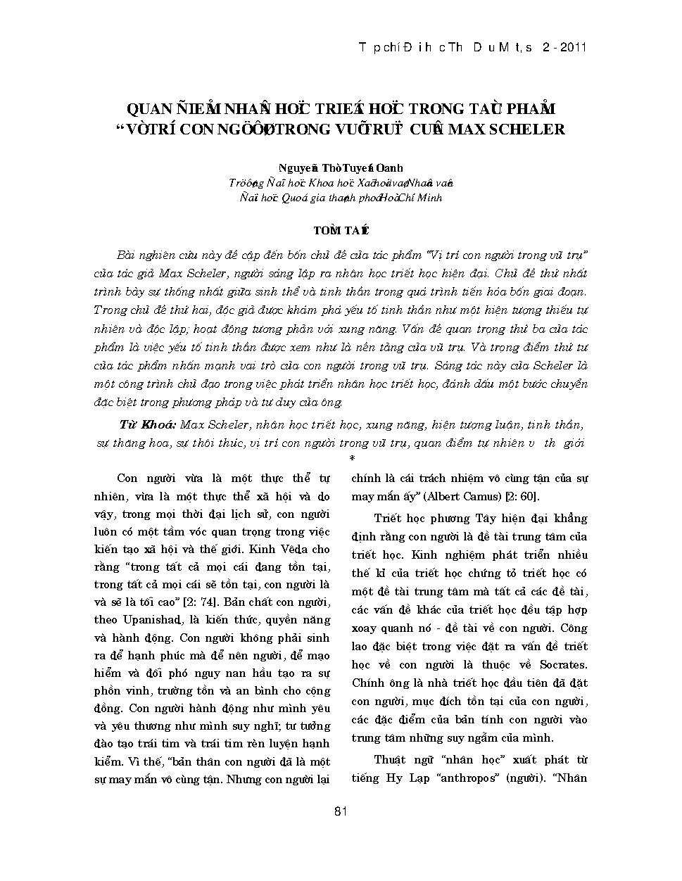 Quan điểm nhân học triết học trong tác phẩm "vị trí con người trong vũ trụ" của Max Scheler