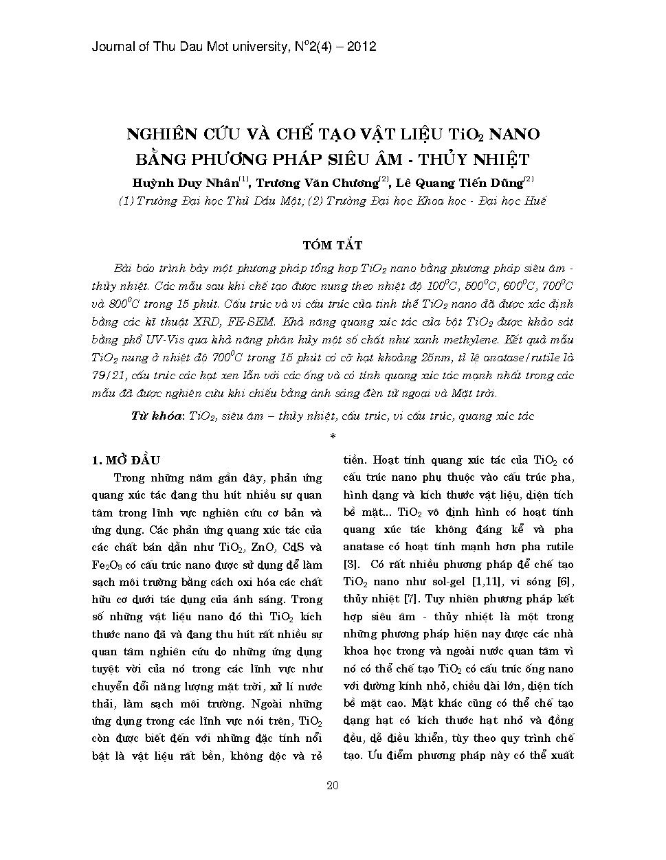 Nghiên cứu và chế tạo vật liệu tio2 nano bằng phương pháp siêu âm - thủy nhiệt