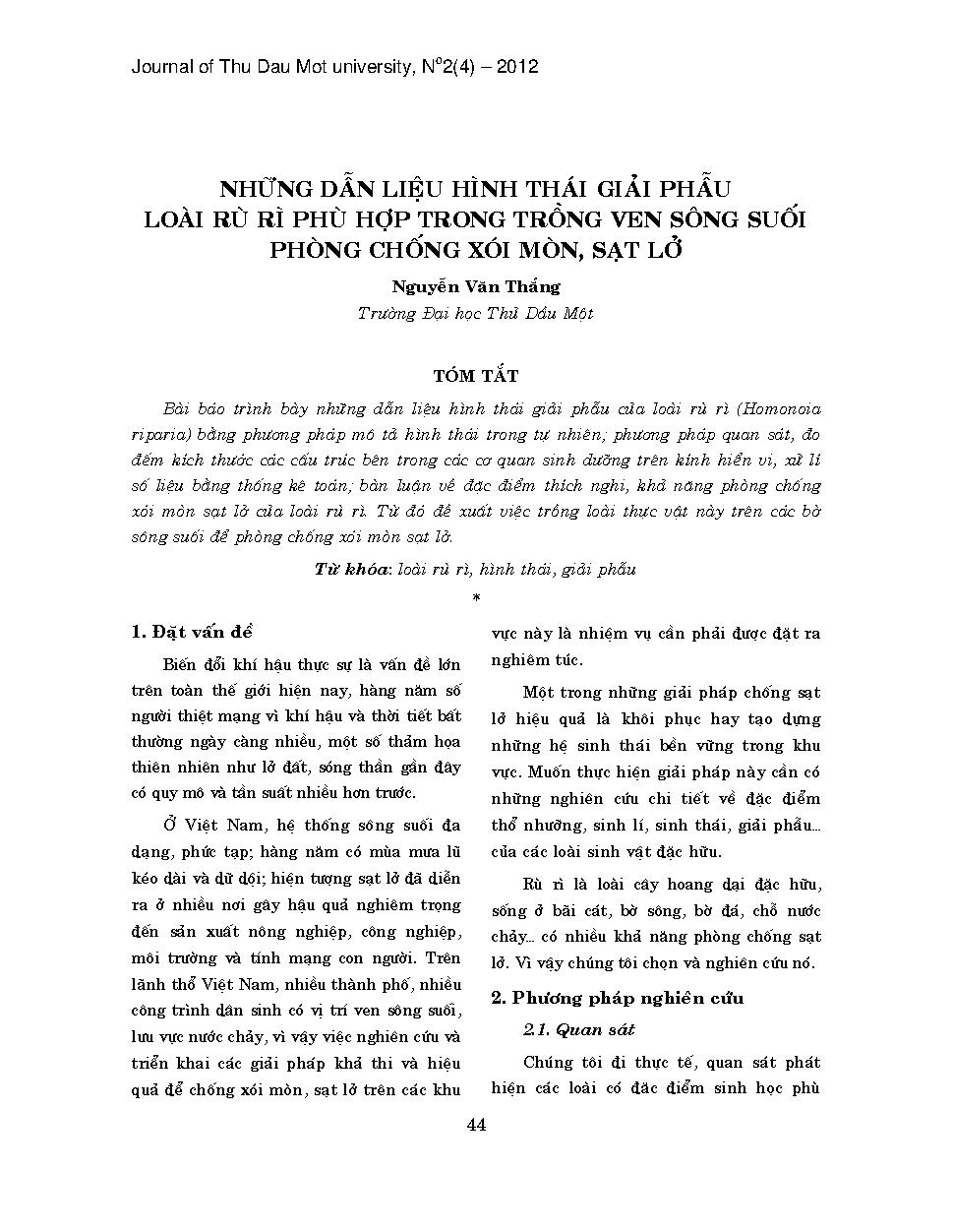 Dẫn liệu hình thái giải phẫu loại rù rì trồng ven sông suối phòng chống xói mòn, sạt lở