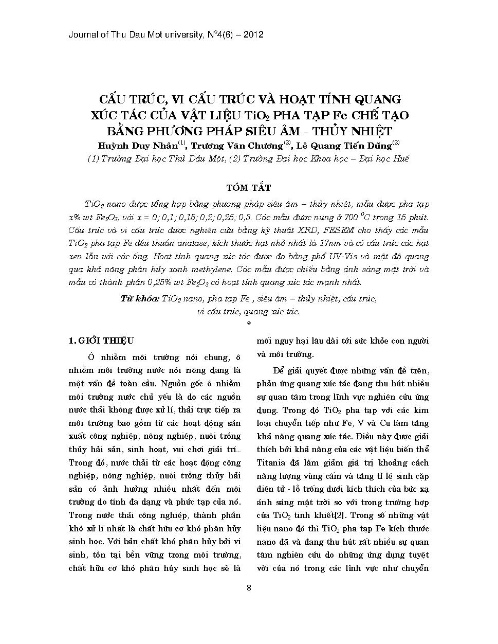 Cấu trúc, vi cấu trúc và hoạt tính quang xúc tác của vật liệu Tio2 pha tạp Fe chế tạo bằng phương pháp siêu âm-thủy nhiệt