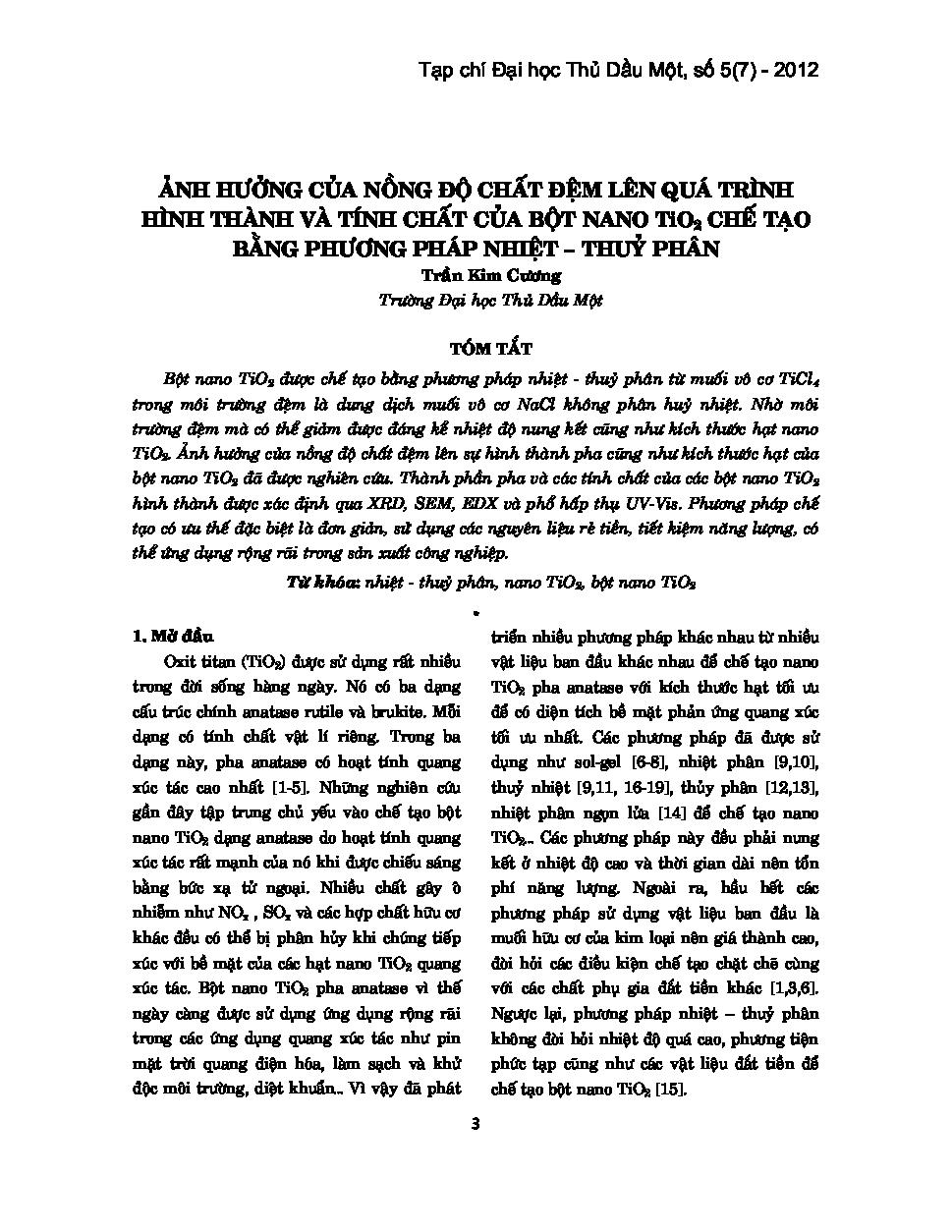 Ảnh hưởng của nồng độ chất đệm lên quá trình hình thành và tính chất của bột nano tio2 chế tạo bằng phương pháp nhiệt - thủy phân