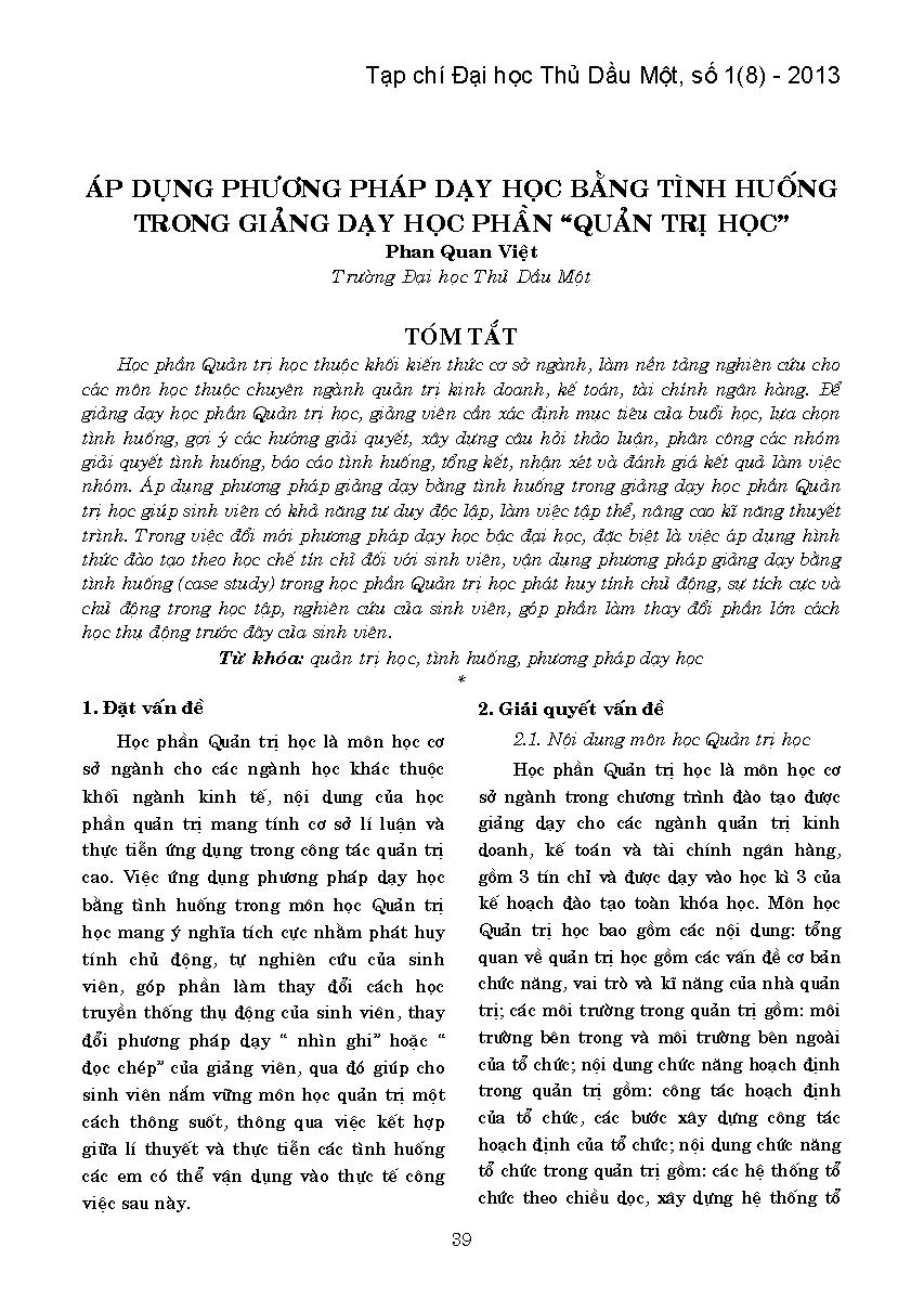 Áp dụng phương pháp dạy học bằng tình huống trong giảng dạy học phần "quản trị học"