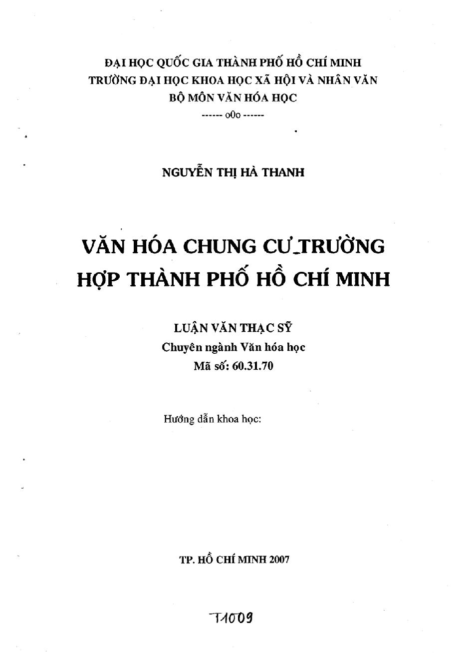 Văn hóa chung cư trường hợp Thành phố Hồ Chí Minh :$bLuận văn Thạc sỹ