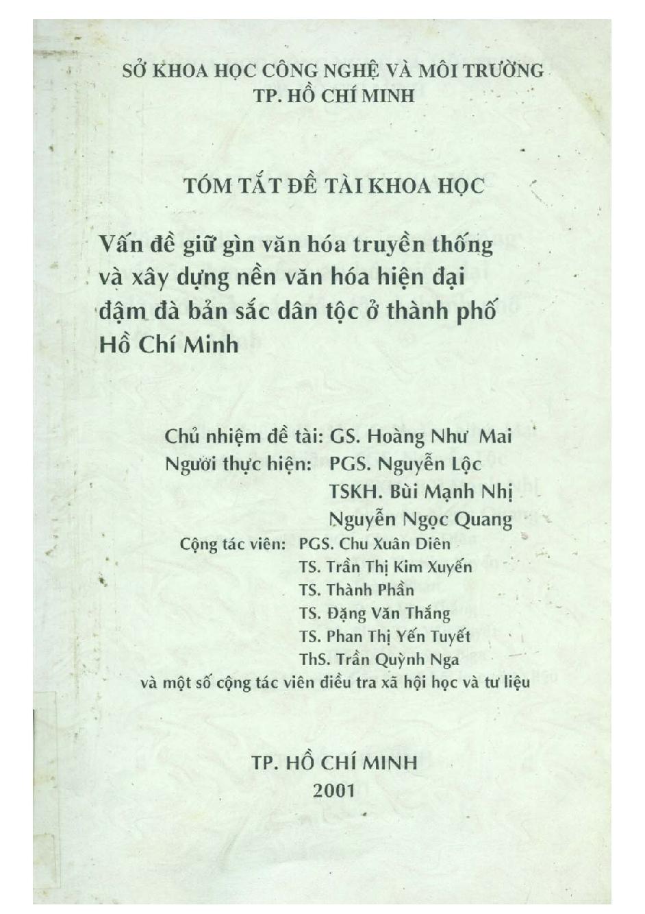 Vấn đề giữ gìn văn hóa truyền thống và xây dựng nền văn hóa hiện đại đậm đà bản sắc dân tộc ở Thành phố Hồ Chí Minh :$bTóm tắt đề tài khoa học