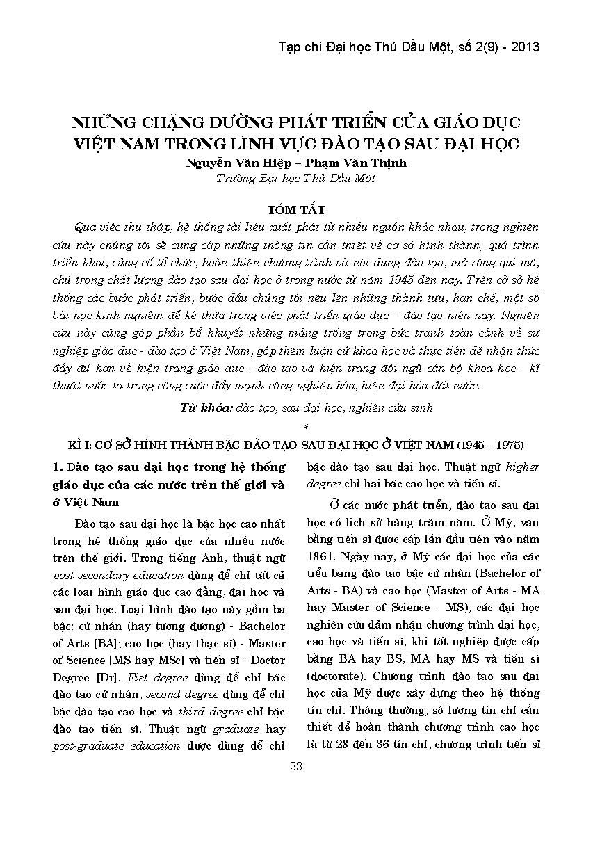 Những chặng đường phát triển của giáo dục Việt Nam trong lĩnh vực đào tạo sau đại học :$bKỳ I: Cơ sở hình thành bậc đào tạo sau đại học