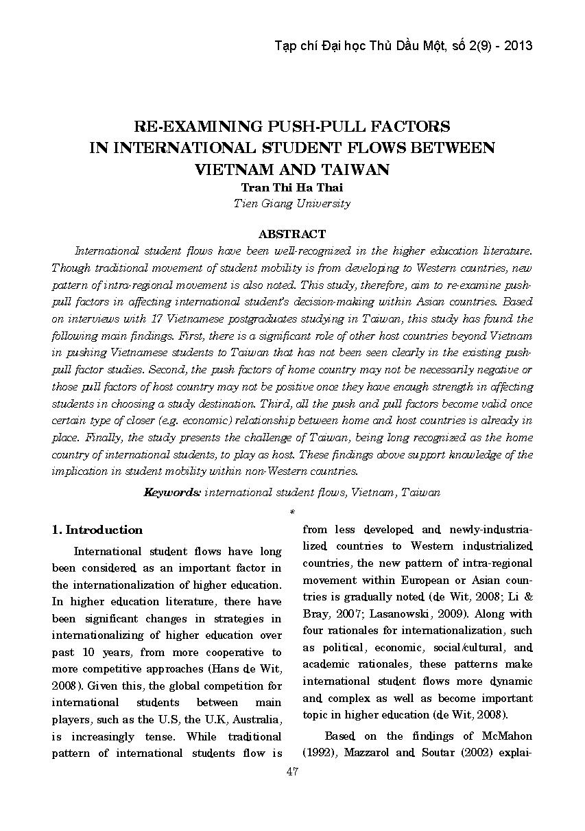 Re-examining push-pull factors in international student flowws between VietNam and Taiwan =$bXem xét lại các yếu tố đẩy - kéo ở dòng chảy sinh viên quốc tế giữa Việt Nam và Đài Loan