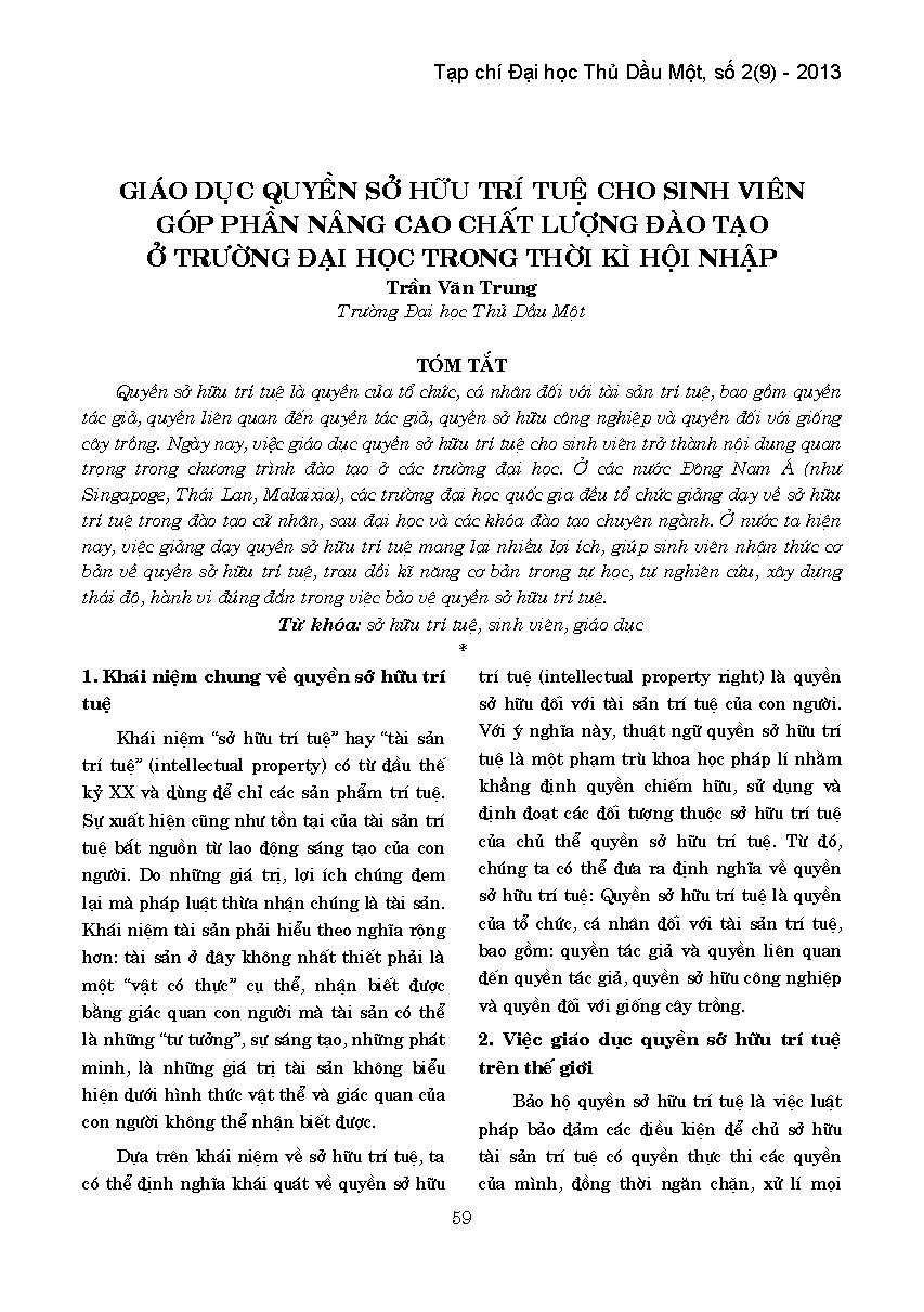 Giáo dục quyền sở hữu trí tuệ cho sinh viên góp phần nâng cao chất lượng đào tạo ở các trường đại học trong thời kỳ hội nhập