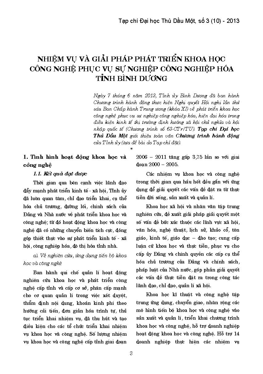 Nhiệm vụ và giải pháp pháp phát triển khoa học công nghệ phục vụ sự nghiệp công nghiệp hóa tỉnh Bình Dương