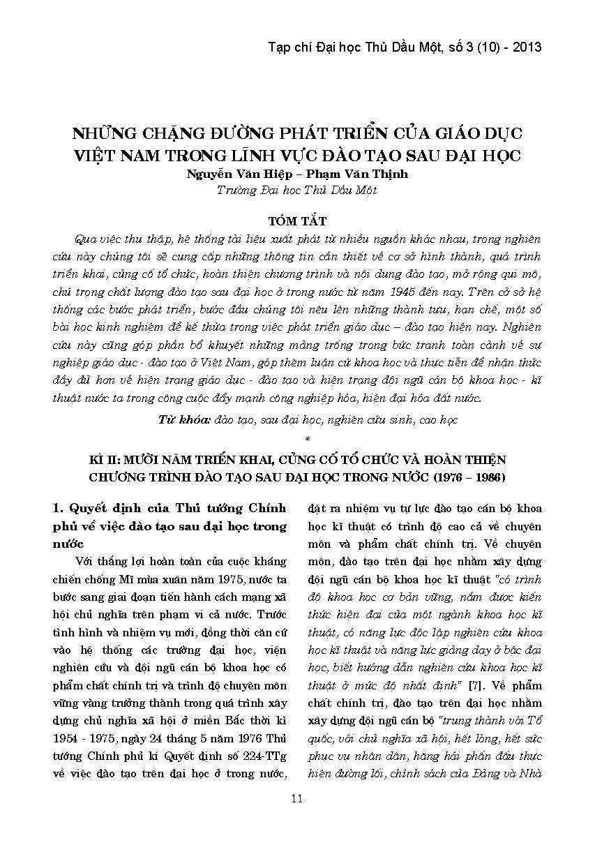 Những chặng đường phát triển của giáo dục Việt Nam trong lĩnh vực đào tạo sau đại học :$bKỳ II: Mười năm triển khai, củng cổ tổ chức và hoàn thiện chương trình đào tạo sau đại học trong nước (1976-1986)