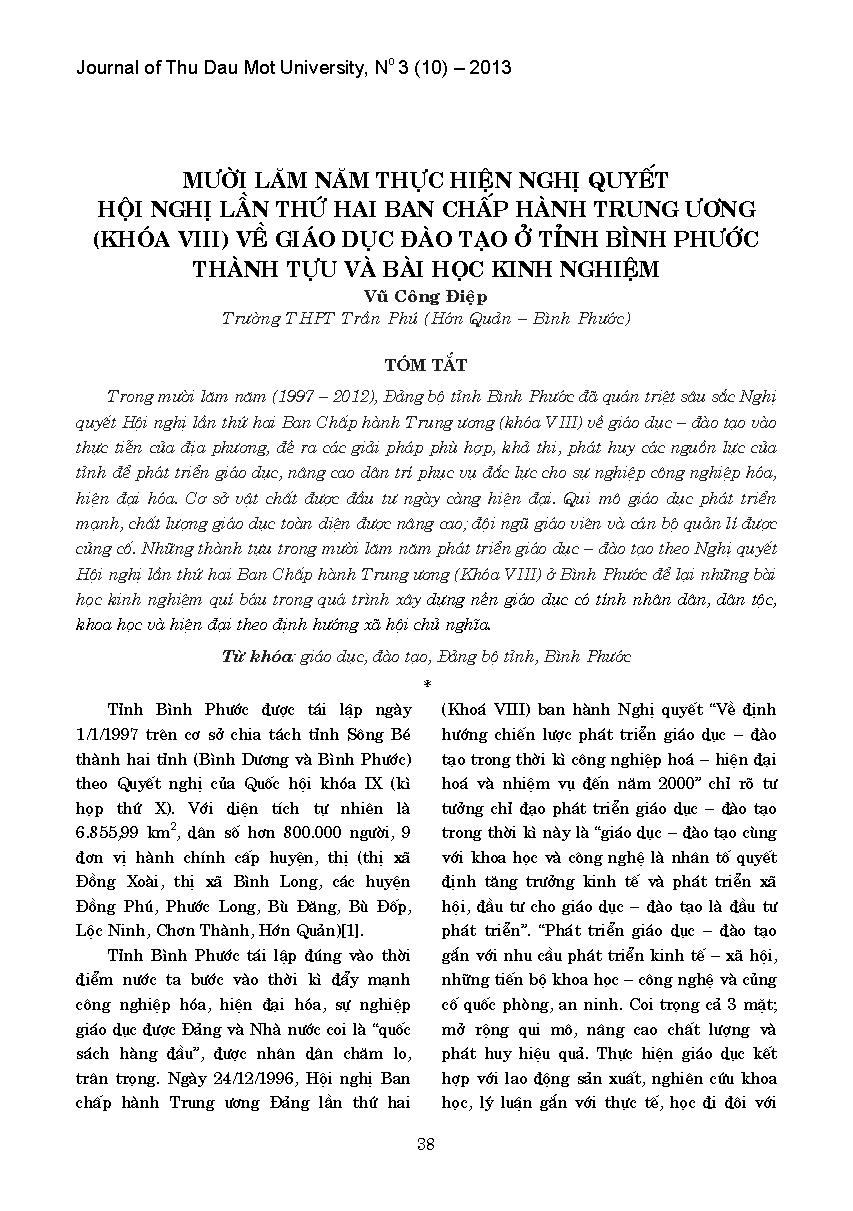 Mười lăm năm thực hiện nghị quyết hội nghị lần thứ hai ban chấp hành trung ương (khóa VIII) về giáo dục đào tạo ở tỉnh Bình Phước