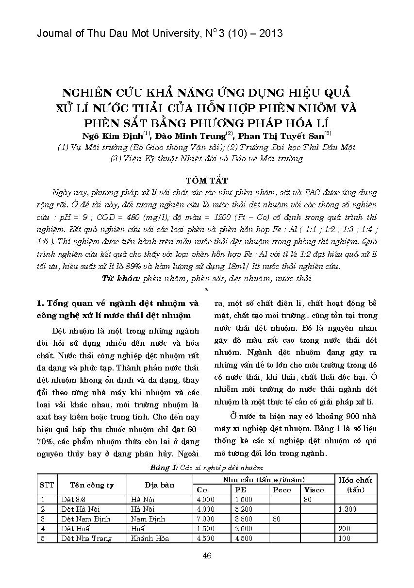 Nghiên cứu khả năng ứng dụng hiệu quả xử lý nước thải của hỗn hợp phèn nhôm và phèn sắt bằng phương pháp hóa lý