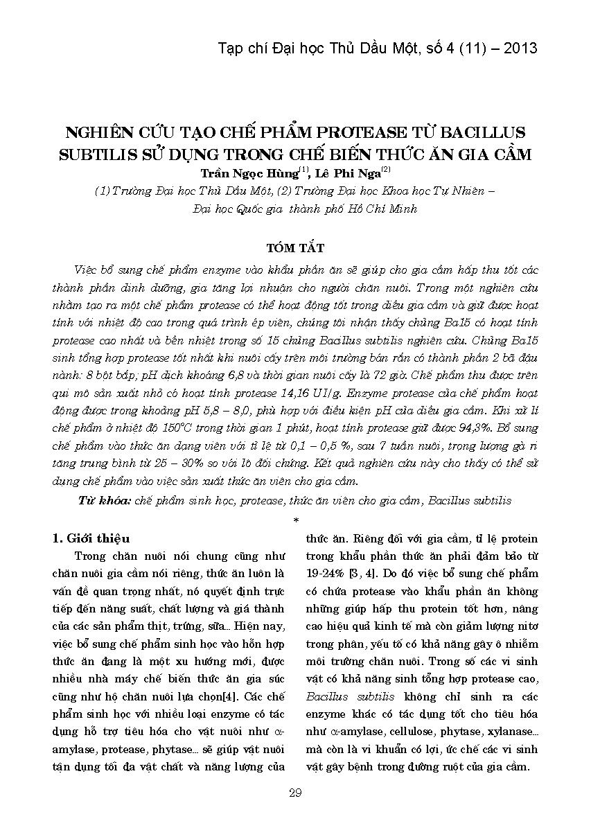 Nghiên cứu tạo chế phẩm protease từ bacillus subtilis sử dụng trong chế biến thức ăn gia cầm