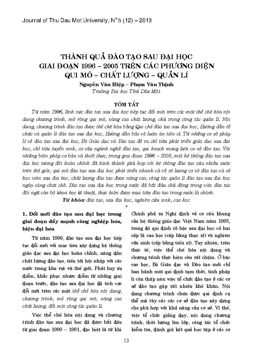 Thành quả đào tạo sau đại học giai đoạn 1996 - 2005 trên các phương diện quy mô - chất lượng - quản lý