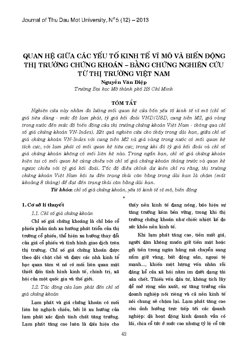 Quan hệ giữa các yếu tố kinh tế vĩ mô và biến động thị trường chứng khoán - bằng chứng nghiên cứu từ thị trường Việt Nam