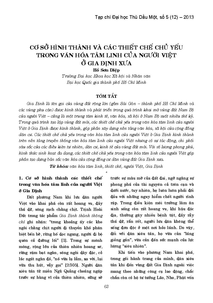 Cơ sở hình thành các thiết chế chủ yếu trong văn hóa tâm linh của người việt ở Gia Định