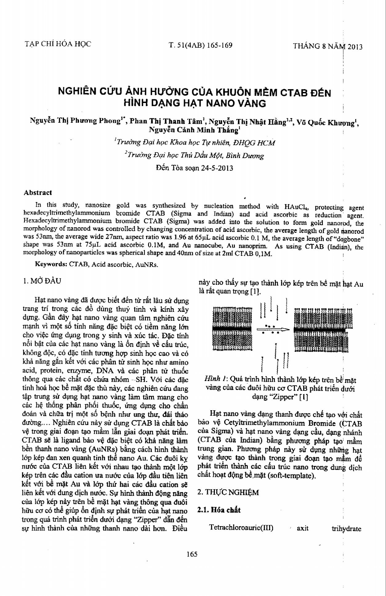 Nghiên cứu ảnh hưởng của khuôn mềm CTAB đến hình dạng hạt nano vàng