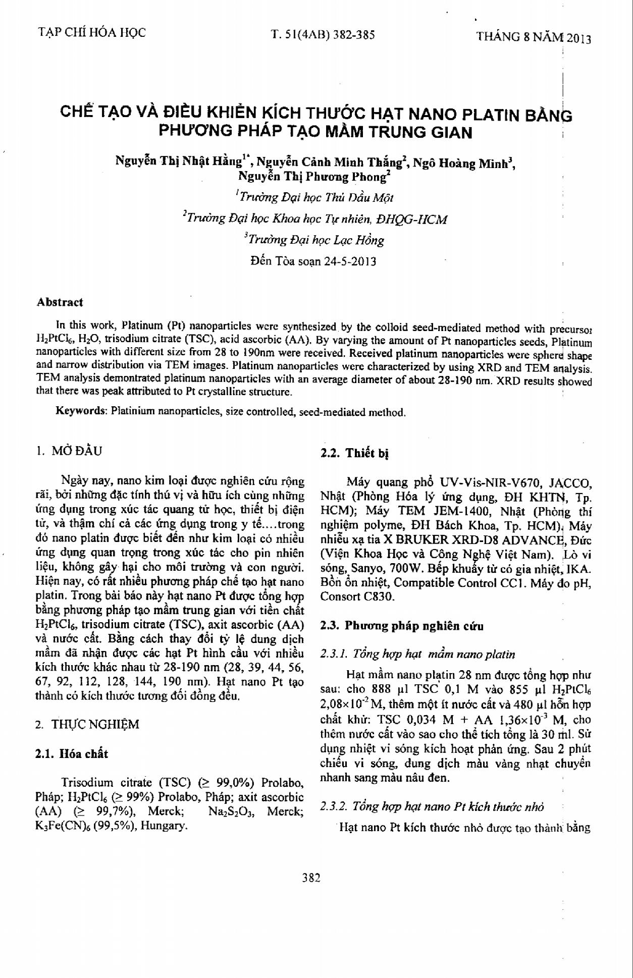 Chế tạo và điều khiển kích thước hạt nano platin bằng phương pháp tạo mầm trung gian