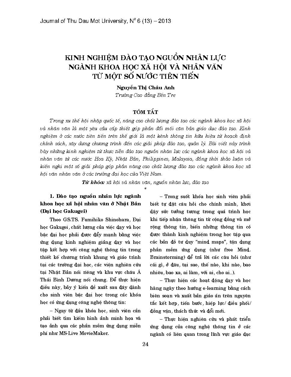 Kinh nghiệm đào tào nguồn nhân lực nghành khoa học xã hội và nhân văn từ một số nước tiên tiến