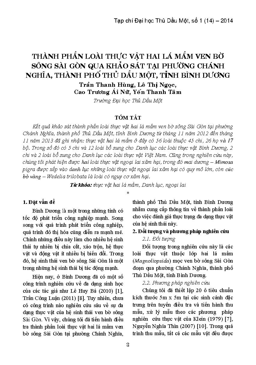 Thành phần loài thực vật hai lá mầm ven bờ sông Sài Gòn qua khảo sát tại phường chánh nghĩa, thành phố Thủ Dầu Một, tỉnh Bình Dương