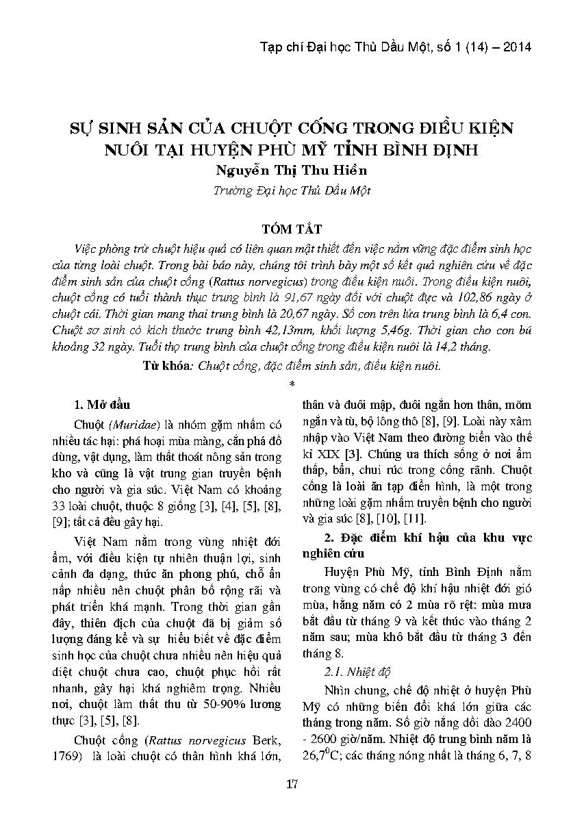 Sự sinh sản của chuột cống trong điều kiện nuôi tại huyện Phù Mỹ tỉnh Bình Định