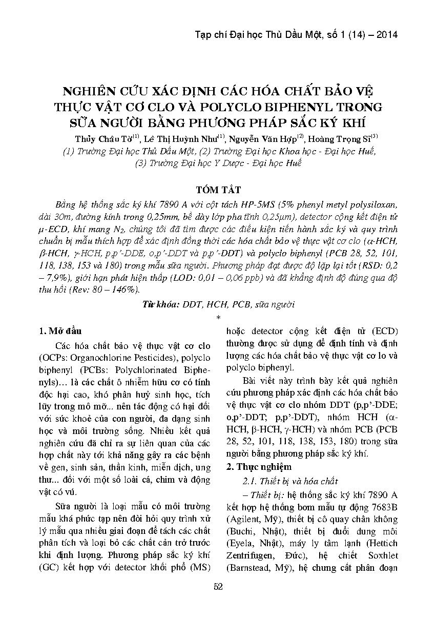Nghiên cứu xác định các hóa chất bảo vệ thực vật cơ clo và polyclo biphennyl trong sữa người bằng phương pháp sắc ký khí