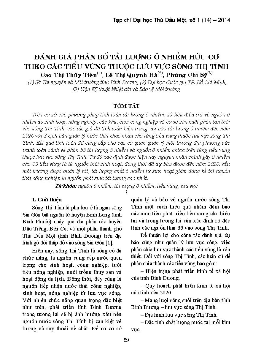 Đánh giá phân bố tải lượng ô nhiễm hữu cơ theo các tiểu vùng thuộc lưu vực sông thị tính