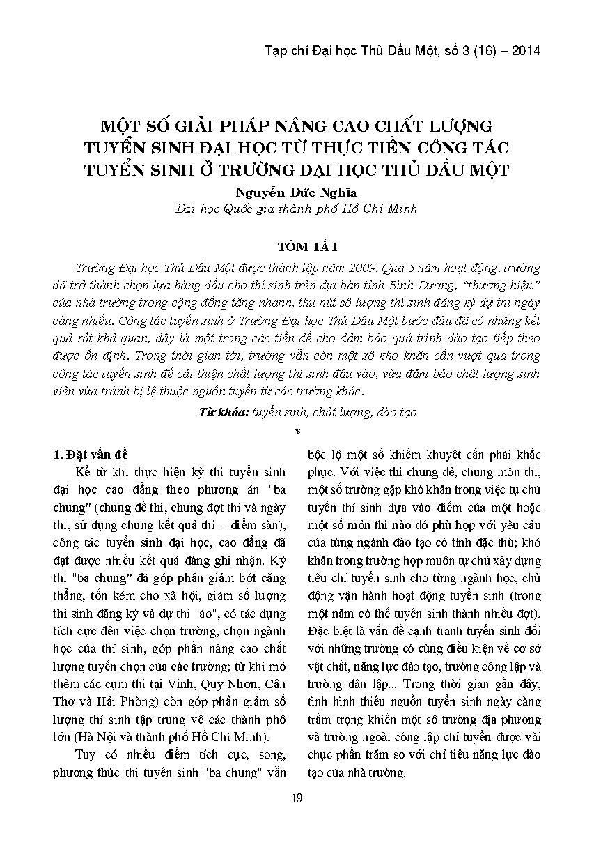 Một số giải pháp nâng cao chất lượng tuyển sinh đại học từ thực tiễn công tác tuyển sinh ở trường Đại học Thủ Dầu Một