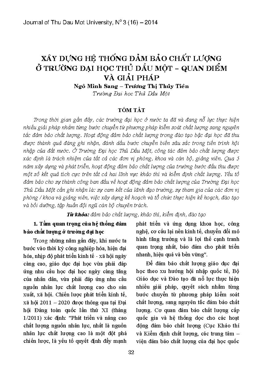 Xây dựng hệ thống đảm bảo chất lượng ở trường đại học Thủ Dầu Một - quan điểm và giải pháp