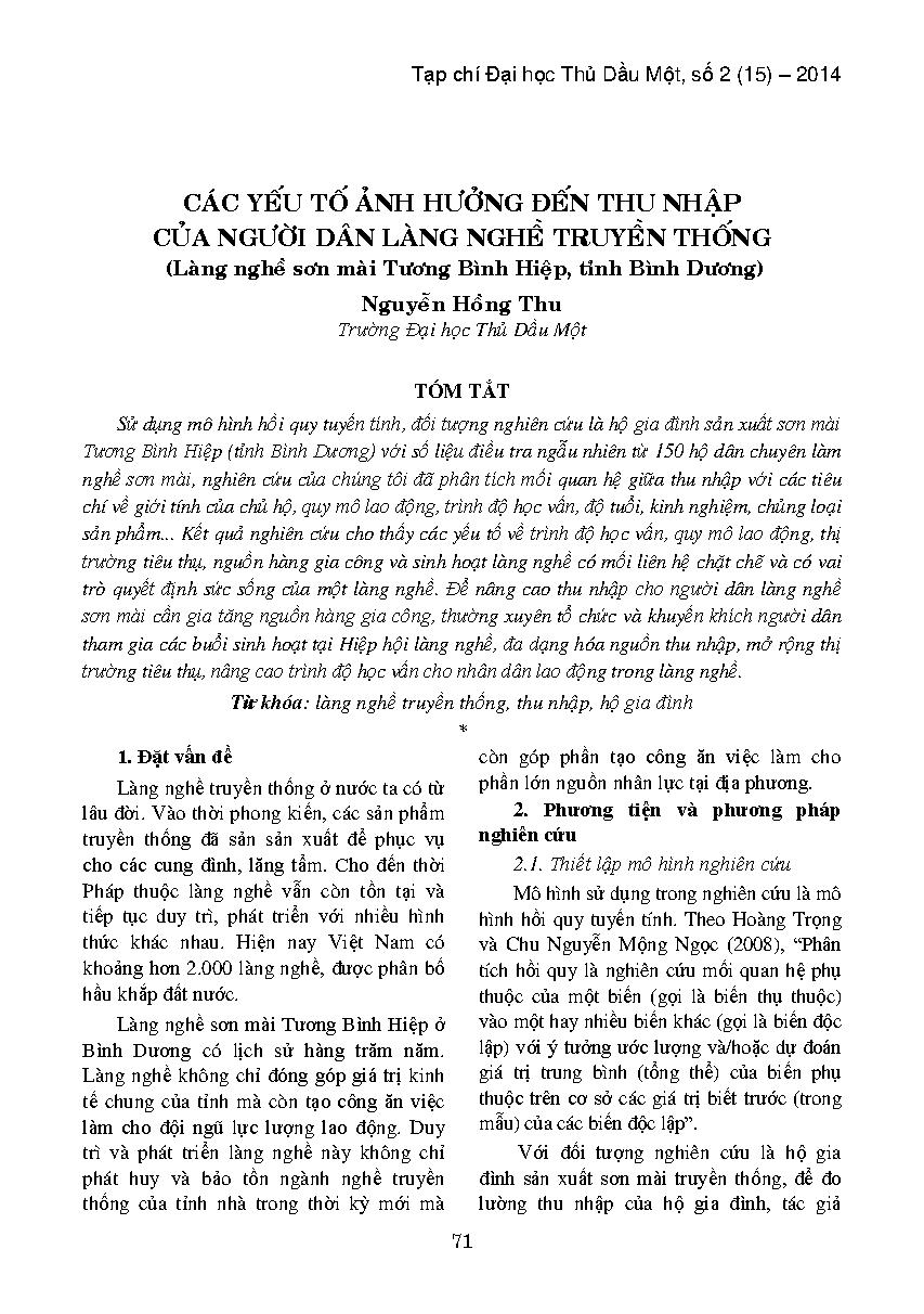 Các yếu tố ảnh hưởng đến thu nhập của người dân làng nghề truyền thống :$bLàng nghề sơn mài Tương Bình Hiệp, tỉnh Bình Dương