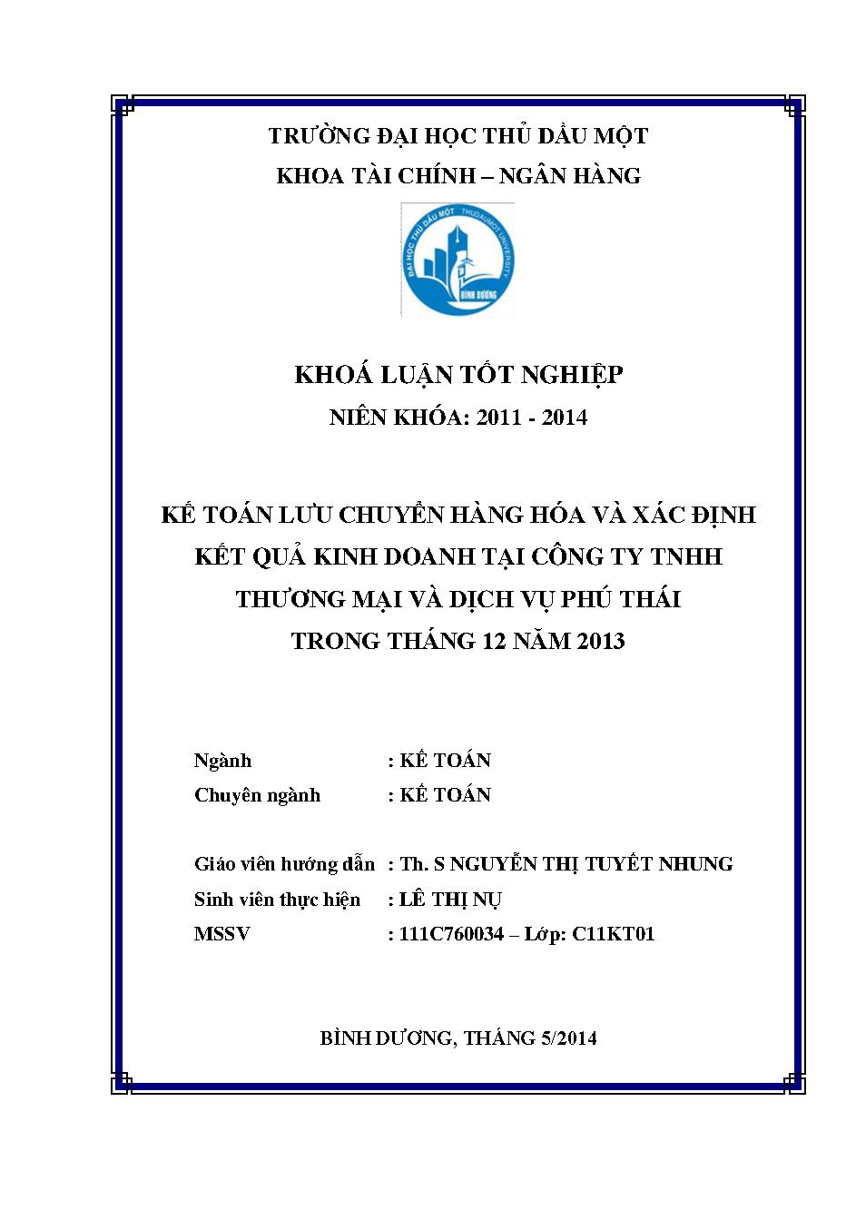 Kế toán lưu chuyển hàng hóa và xác định kết quả kinh doanh tại công ty TNHH Thương Mại và Dịch Vụ Phú Thái trong tháng 12 năm 2013