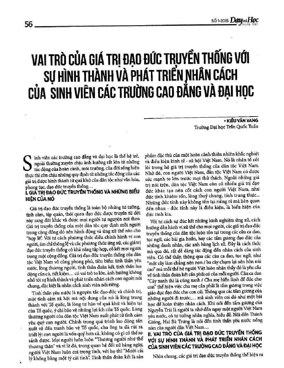 Vai trò của giá trị đại đức truyền thống với sự hình thành và phát triển nhân cách của sinh viên các trường cao đẳng và đại học