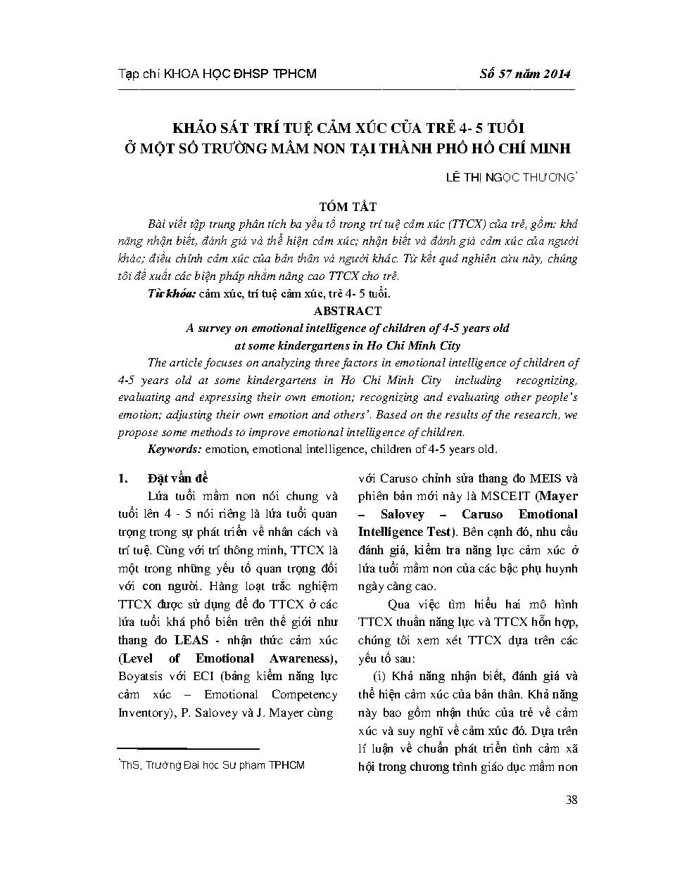 Khảo sát trí tuệ cảm xúc của trẻ 4 - 5 tuổi ở một số trường mầm non tại Thành phố Hồ Chí Minh