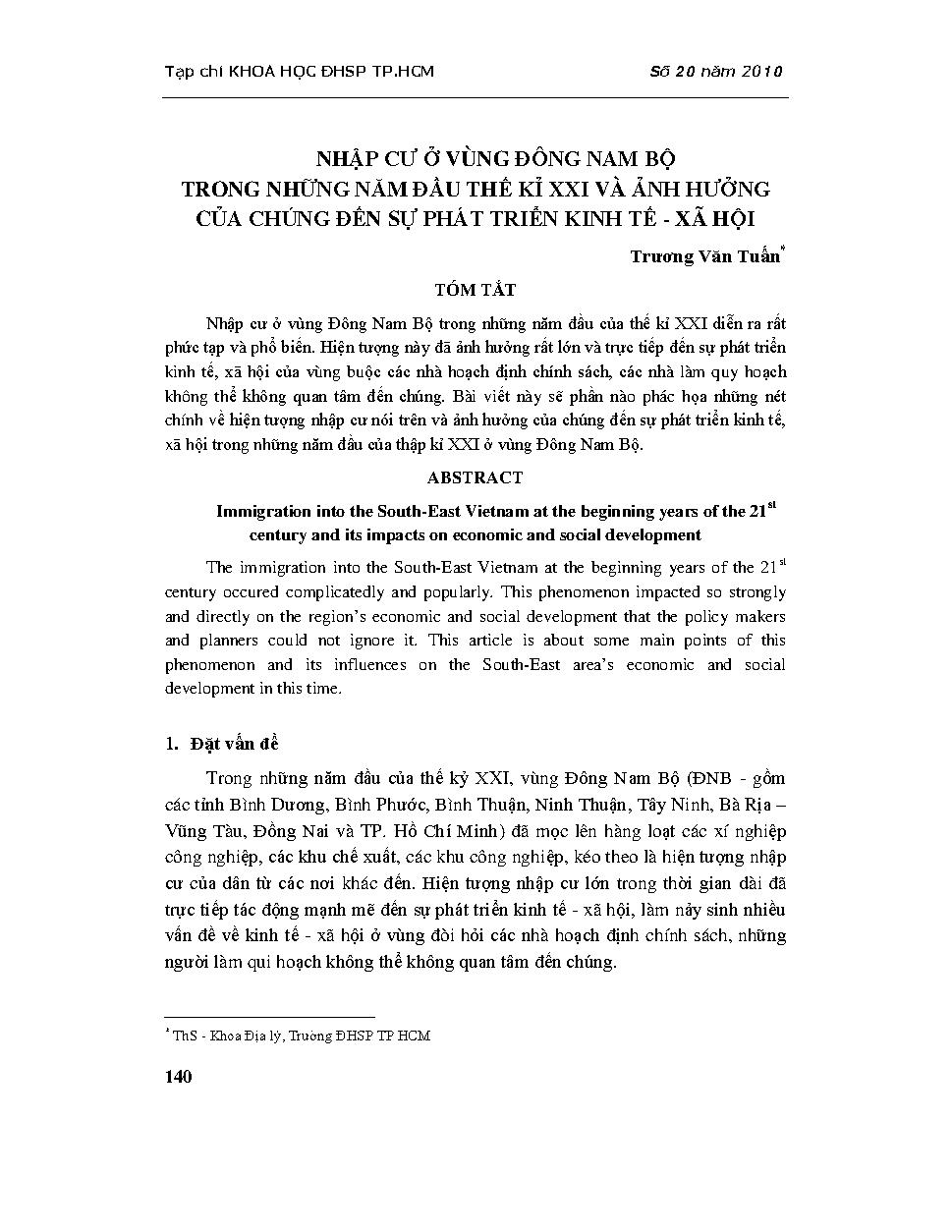 Nhập cư ở vùng Đông Nam Bộ trong những năm đầu thế kỷ XXI và ảnh hưởng của chúng đến sự phát triển kinh tế xã hội