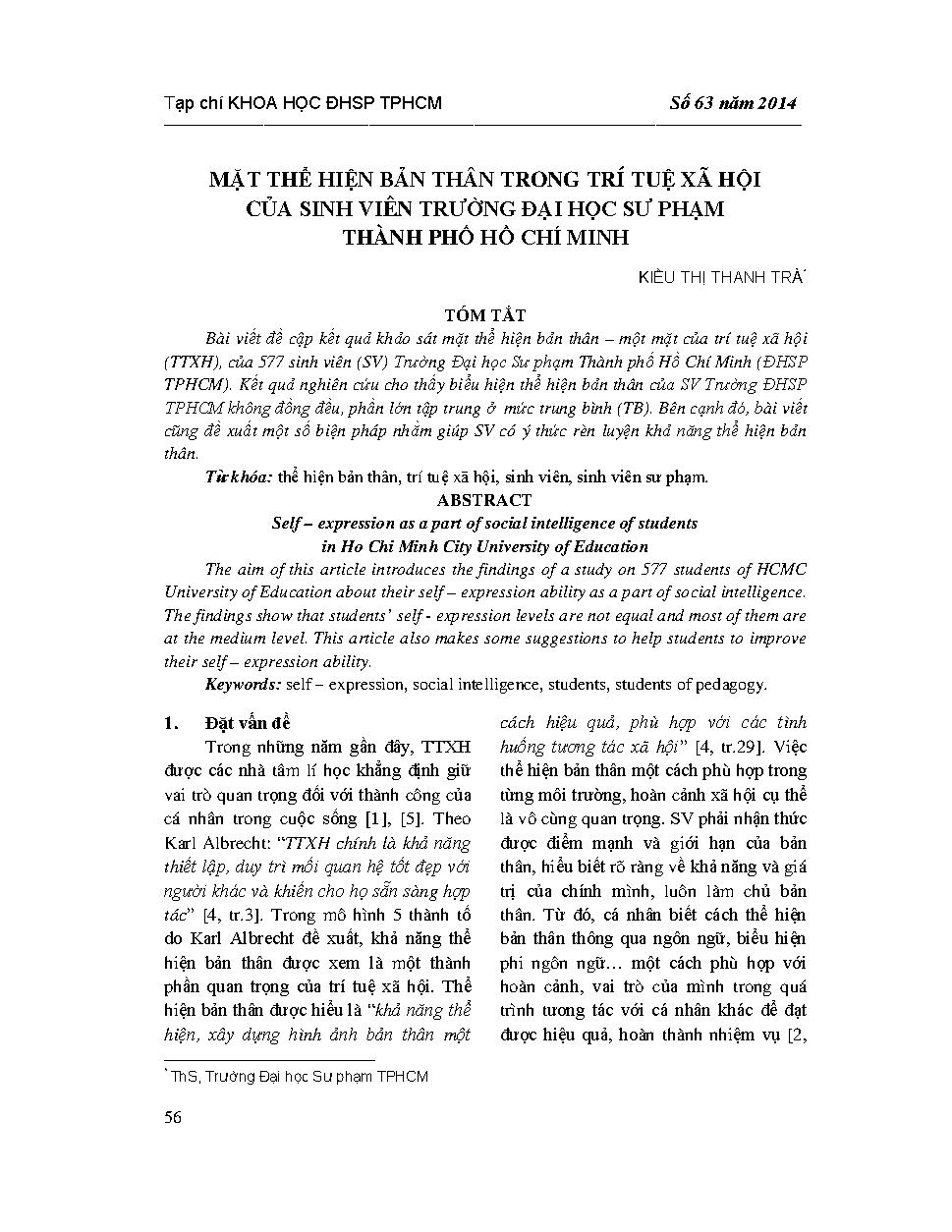 Mặt thể hiện bản thân trong trí tuệ xã hội của sinh viên trường Đại học Sư phạm Thành phố Hồ Chí Minh