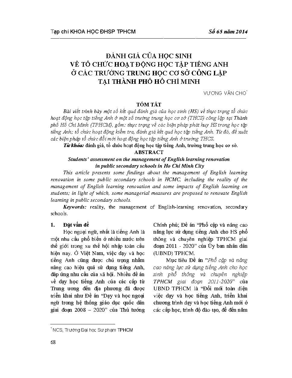 Đánh giá của học sinh về tổ chức hoạt động học tập tiếng Anh tại các trường Trung học cơ sở công lập tại Thành phố Hồ Chí Minh