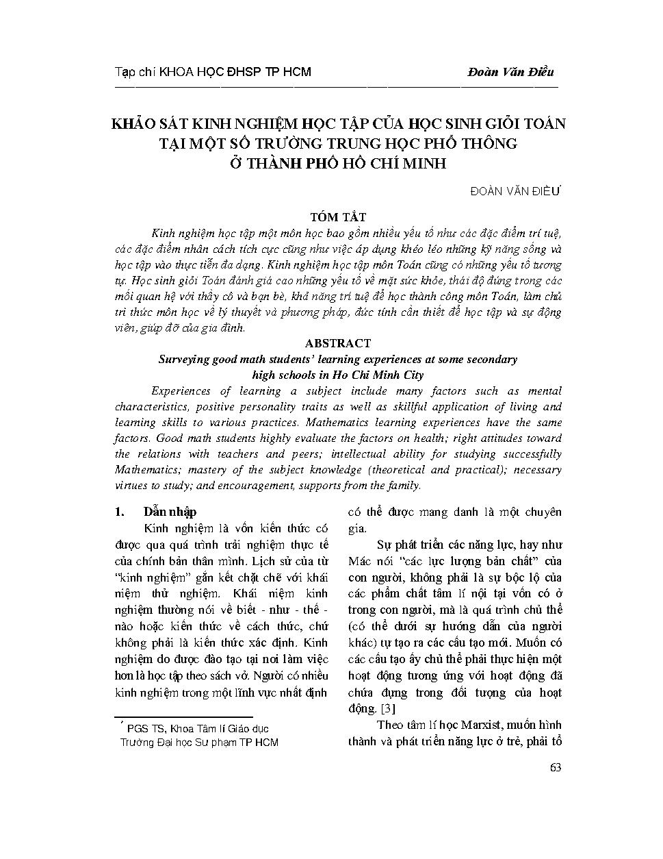 Khảo sát kinh nghiệm học tập của học sinh giỏi toán tại một số trường Trung học phổ thông tại Thành phố Hồ Chí Minh