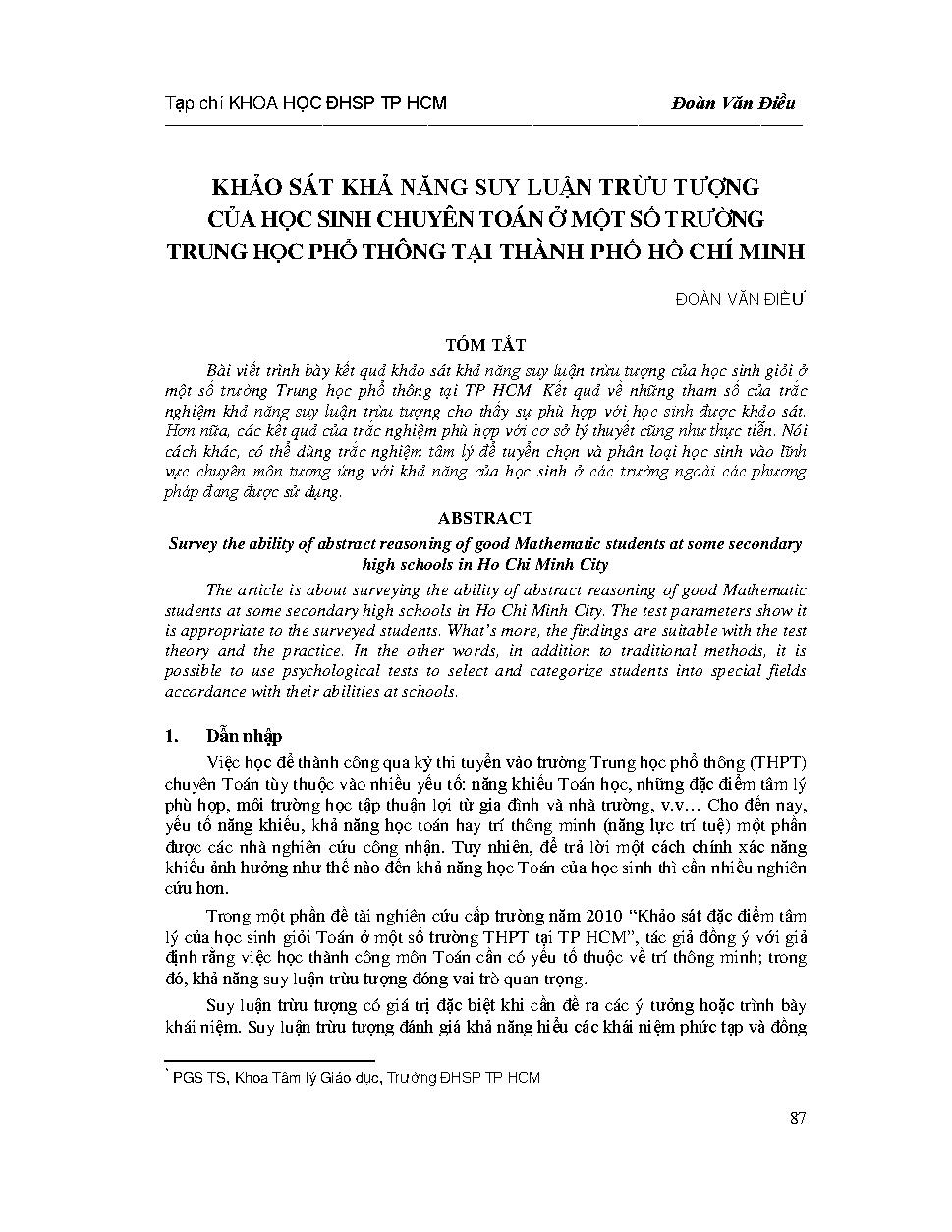 Khảo sát khả năng suy luận trừu tượng của học sinh chuyên toán ở một số trường Trung học phổ thông tại Thành phố Hồ Chí Minh