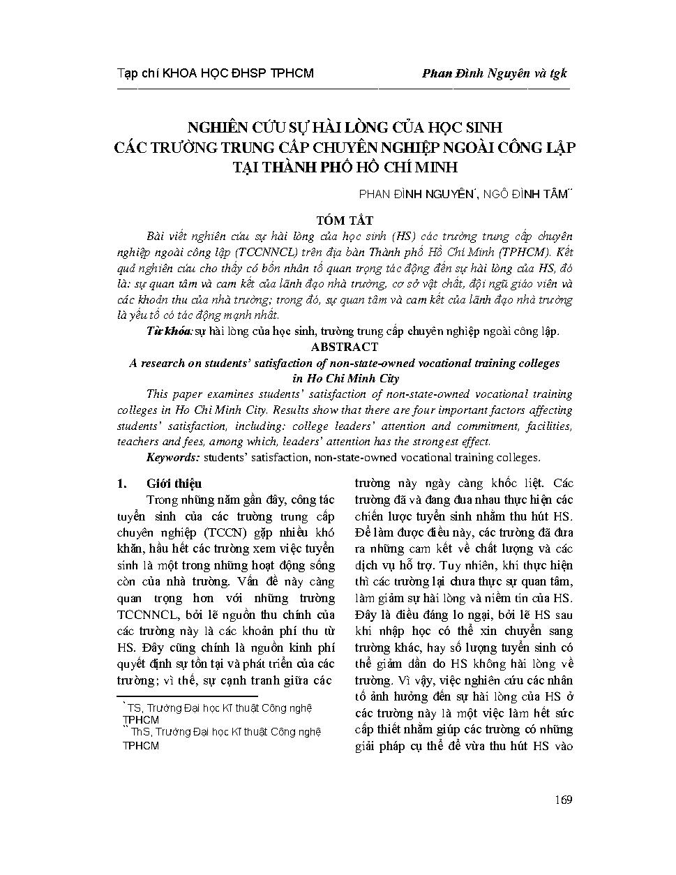 Nghiên cứu sự hài lòng của học sinh các trường trung cấp chuyên nghiệp ngoài công lập tại Thành phố Hồ Chí Minh