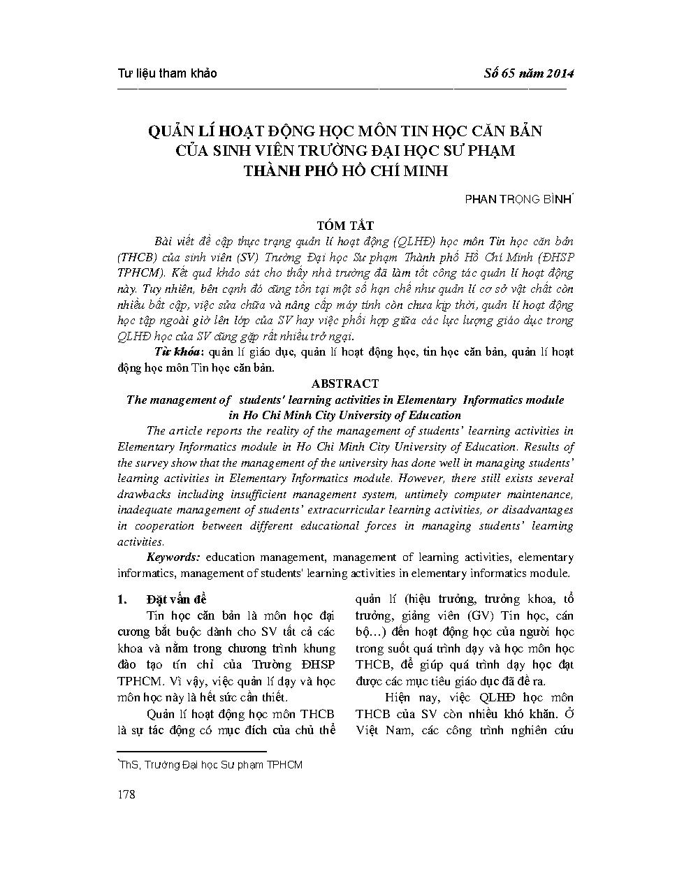 Quản lý hoạt động học môn tin học căn bản của sinh viên trường Đại học sư phạm Thành phố Hồ Chí Minh