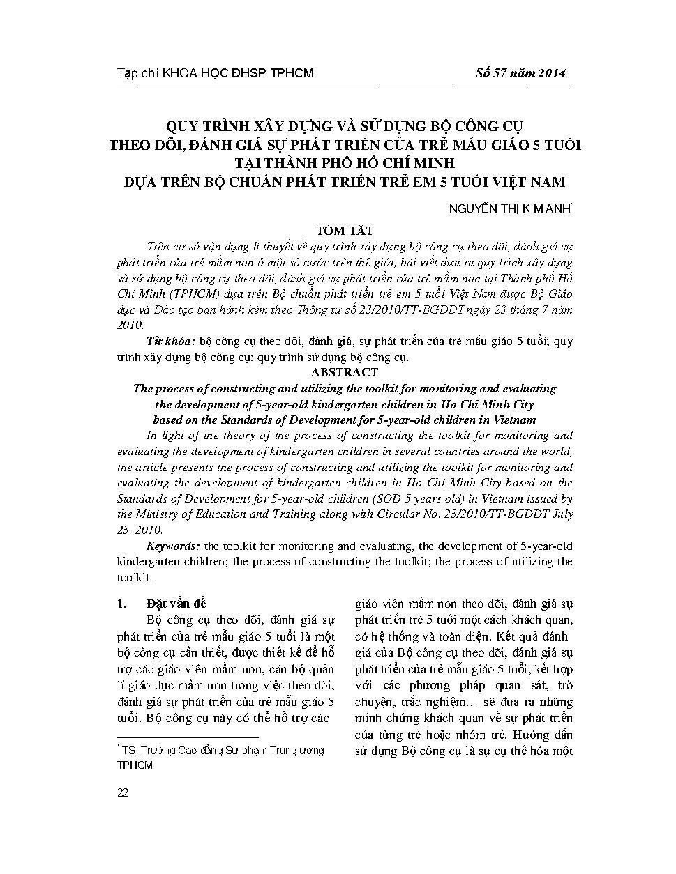 Quy trình xây dựng và sử dụng bộ công cụ theo dõi, đánh giá sự phát triển của trẻ mẫu giáo 5 tuổi tại Thành phố Hồ Chí Minh dựa trên bộ chuẩn phát triển trẻ 5 tuổi của Việt Nam