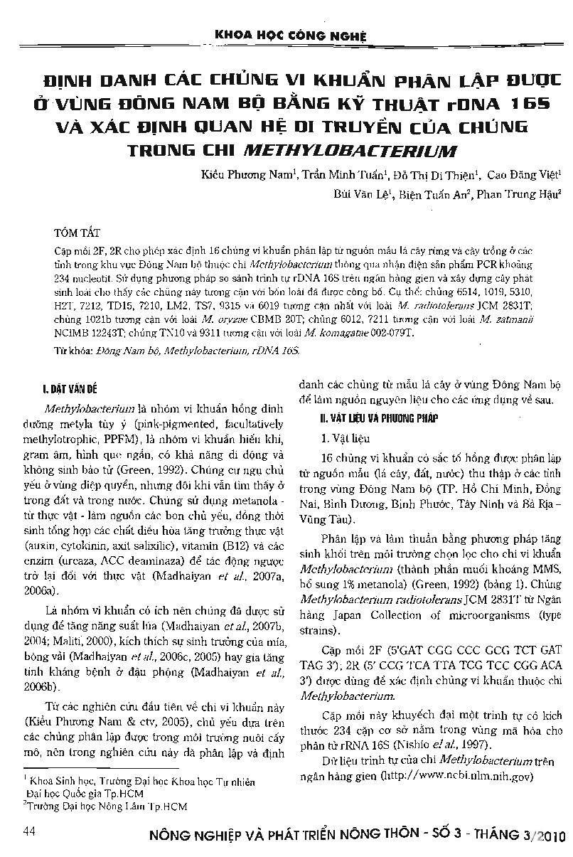 Định danh các chủng vi khuẩn phân lập được ở vùng Đông Nam Bộ bằng kỹ thuật rDNA 165 và xác định quan hệ di truyền của chúng trong chi Methylobacterium