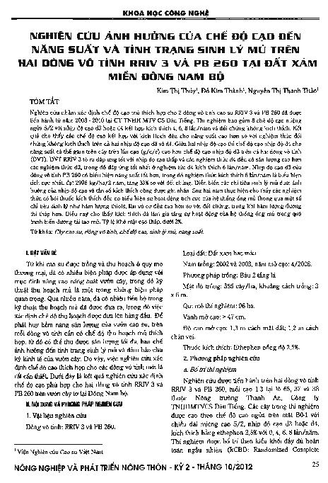 Nghiên cứu của chế độ cạo đến năng suất và tình trạng sinh lý mủ trên hai dòng vô tính RRIV 3 và BP 260 tại đất xám miền Đông Nam Bộ