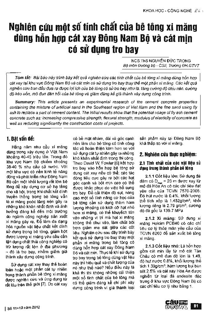 Nghiên cứu một số tính chất của bê tông xi măng dùng hỗn hợp cát xay Đông Nam Bộ và cát mịn sử dụng tro bay
